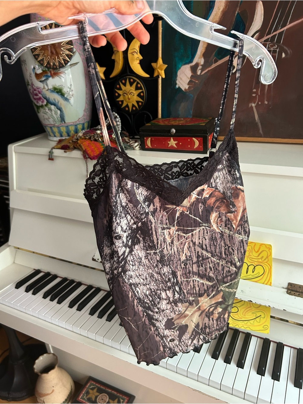 Y2K Mossy Oak Camo Lace Trim Cami Tank Top Brown Hunting Women’s